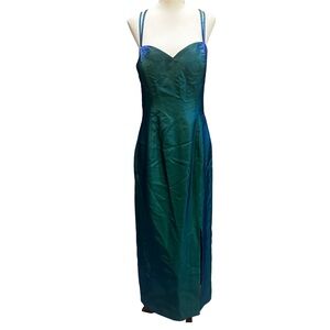 Adrianna Papell Teal Blue Green Evening Gown Slit Front Spaghetti Straps
